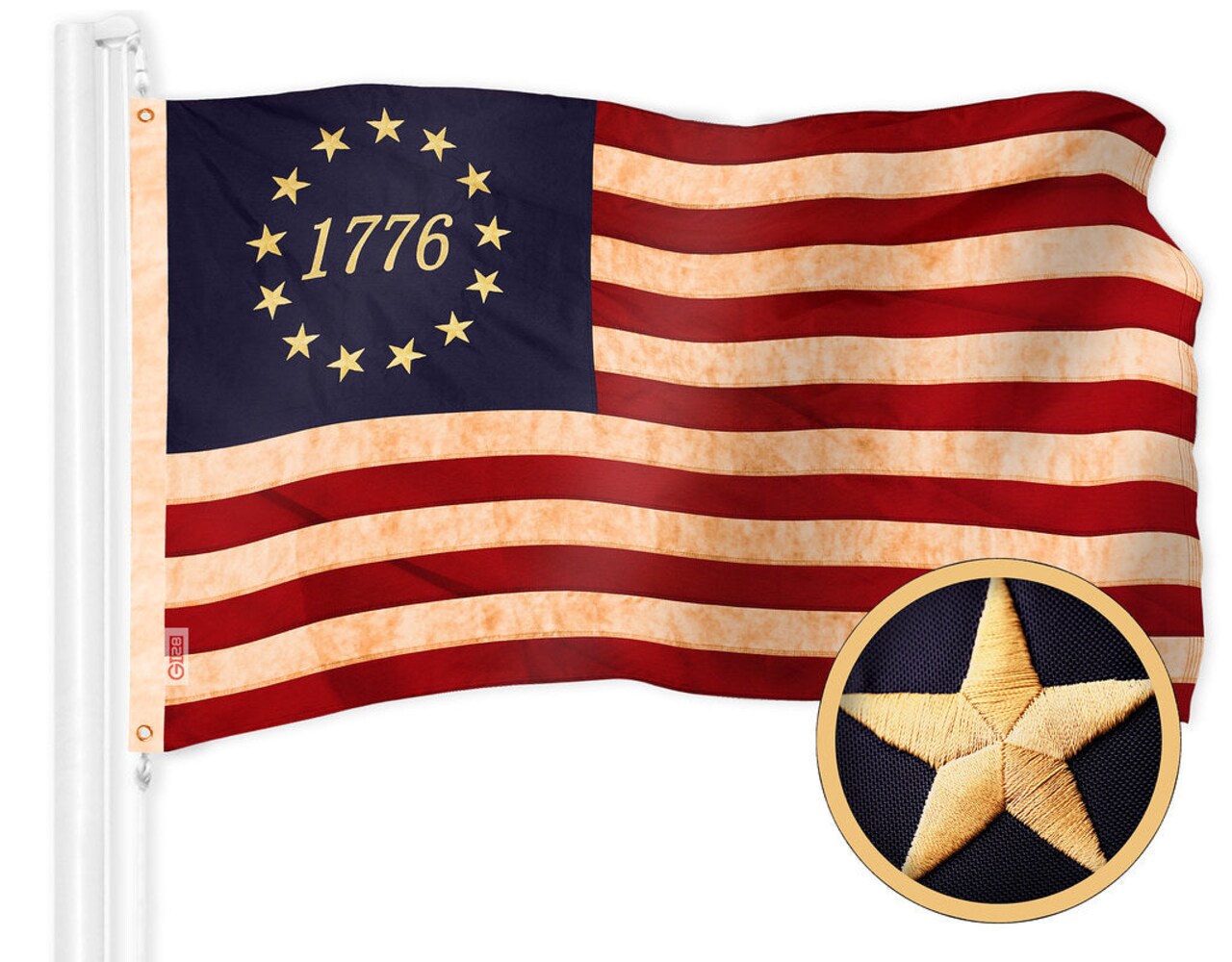 G128 Betsy Ross 1776 Tea-Stained Flag | 2x3 Ft | ToughWeave Pro Series Embroidered 420D Polyester | Historical Flag, Embroidered Design, Indoor/Outdoor, Brass Grommets, High Quality